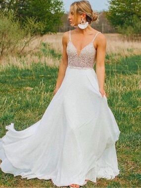 Speechless White Beaded V-Neck Spaghetti Strap Wedding Dress
